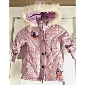 Disney Frozen Toddler US 2 pink  zip up puffer jacket faux fur hood embroidered‎